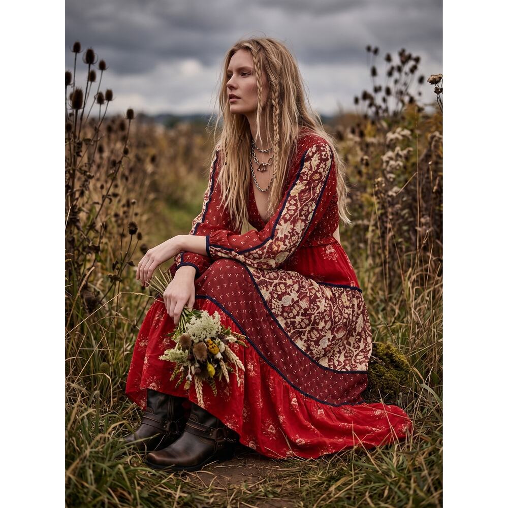 Free People Bohemian Gypsy Witchy Bali Laurel Maxi Dress Medium Patchwork 70s - Picture 4 of 14